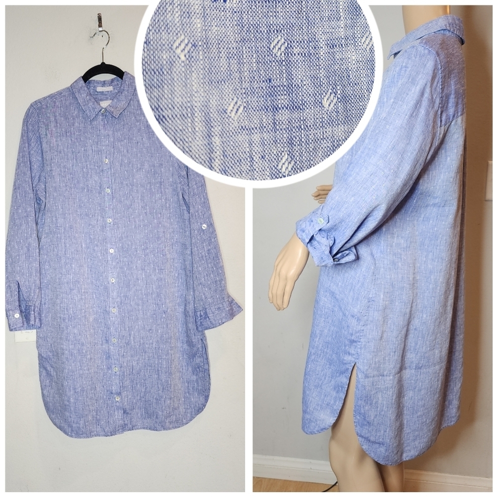 Chico's 100% linen Blue pointelle button tunic roll‎ tab sleeves size 1 medium